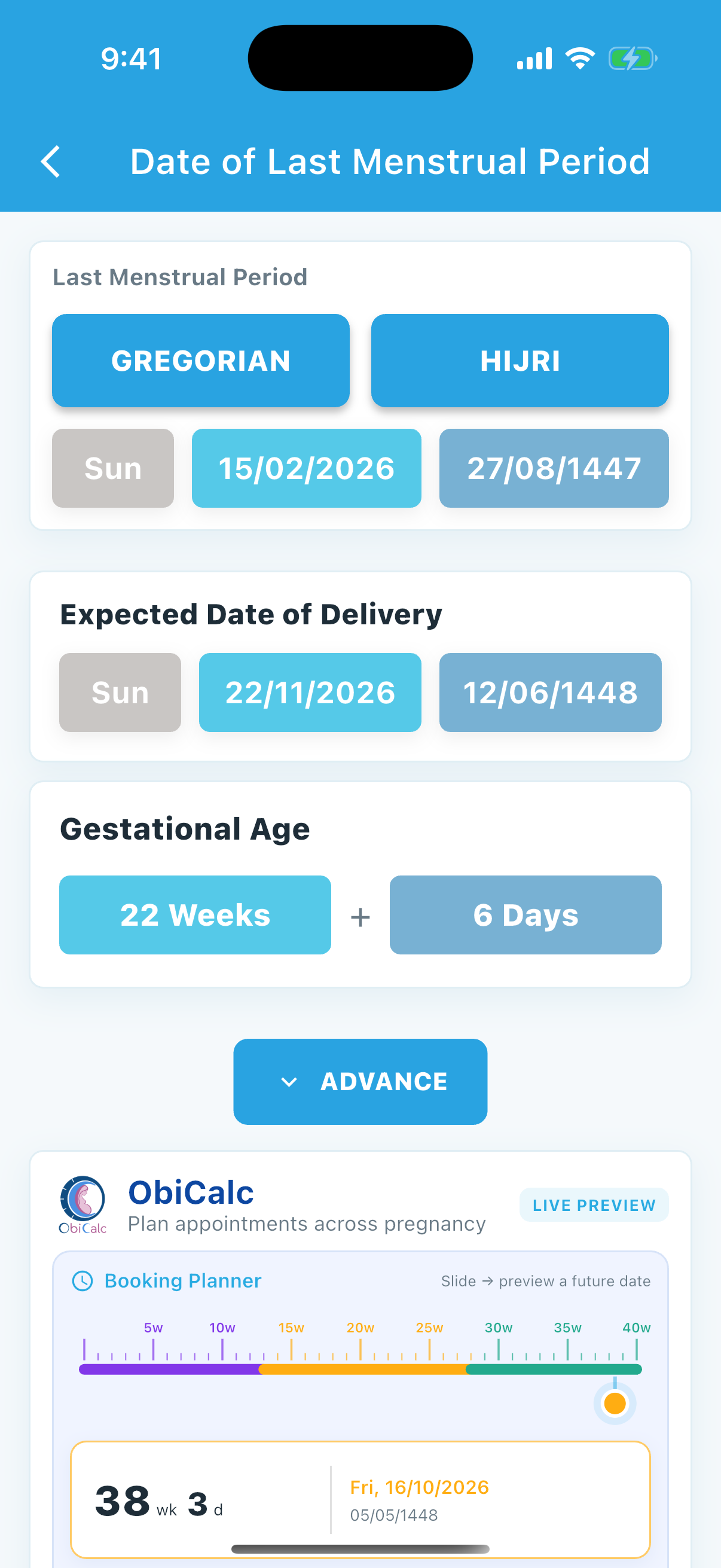 Hijri ANC pregnancy dating result running on an iPhone Simulator